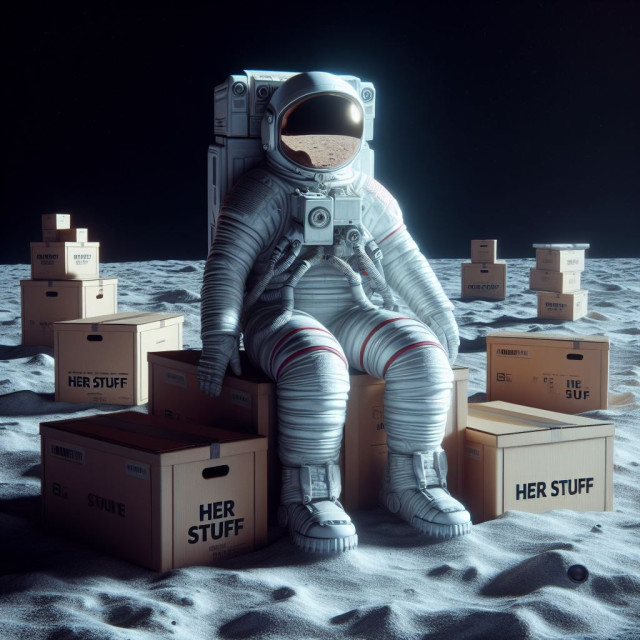 An AI generated picture of a female astronaut on the moon, surrounded by moving boxes labeled “Her stuff"