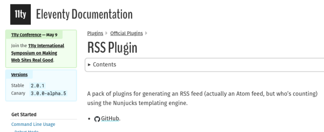 A screenshot of an Eleventy documentation page including the text "A pack of plugins for generating an RSS feed (actually an Atom feed, but who’s counting) using the Nunjucks templating engine."