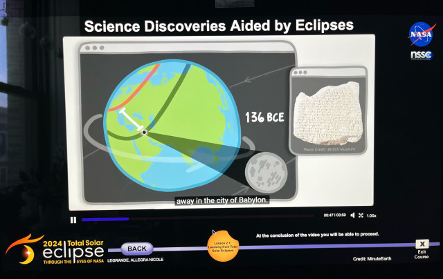 Animated visual of an eclipse path of the near east and Babylon showing a tablet on the right and the date 136 BCE. This eclipse path differs from a calculation using constant earth rotation illustrating the earth spin is slowly slowing down. NASA training video using minute earth animations. 