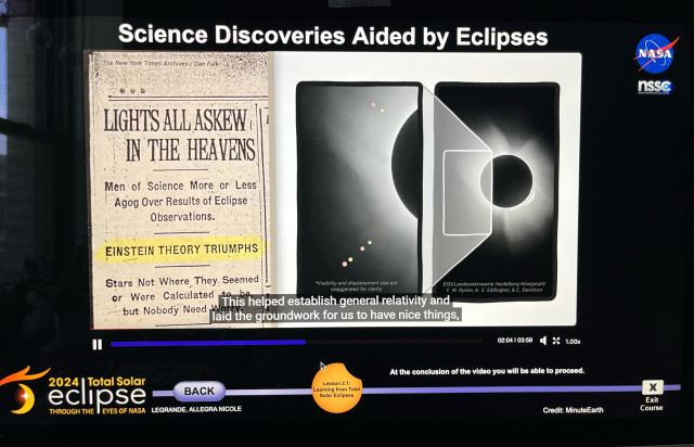 NY times old headline “light all askew in the heavens”. Illustration picture  on right of the position of two stars during the eclipse is slightly different than at night. Shows Einstein general relativity prediction that suns gravity bends light beams correct. 