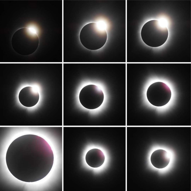 A collage of 9 images of the total solar eclipse. It's at the peak, so the moon has a bright ring around it.