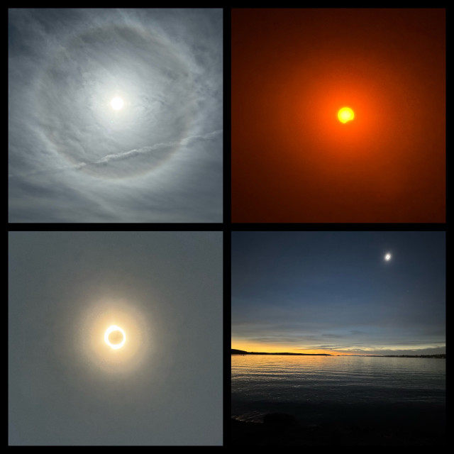 For photos of the eclipse. The first shows a circular rainbow around the sun. There is no eclipse at this point. The next shows a tiny bite missing from the bottom right edge of the sun. It is all red huge from the filter. The bottom left shows the sun with a dark hole in the center. This was taken with no filter. The bottom right shows what looks like a sunset on the far left mountain range and what looks like a moon hanging in the night sky. This was actually the middle of the totality in mid-afternoon