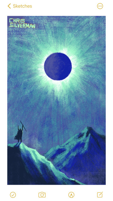 A full solar eclipse. The sun hangs in an eerie, purple sky, fully obscured, only a green and white corona visible. Below are several craggy mountains, also illuminated with a weird green light. On top of the closer mountain stands a small figure wearing a cloak, both arms raised to the sky, a staff clutched in the right arm. The figure appears to be staring directly at the sun without eclipse glasses, which one should never do, even if one is a sorcerer summoning the apocalypse.