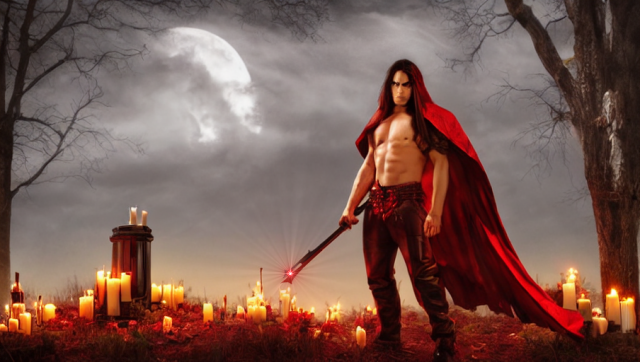 AI-generated image:  A shirtless male vampire figure, wearing a red cape and an intricate red buckle over long pants.  He stands between barren trees in clearing filled with numerous lit cream-coloured candles. Two candles are standing atop a small cylindrical altar.  The moon is partially covered by thick, grey clouds.  He is holding a staff-type weapon which splits into two prongs at the end, and an eruption of red energy is emitted from between the prongs.