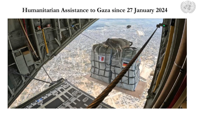 Image from a plane with an airdrop package, with a French and Germany flag on the wrapping. The slide is titled: 'Humanitarian Assistance to Gaza since 27 January 2024'