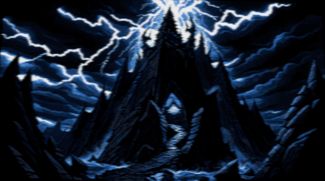 Pixel art of an obsidian monolith, a gothic sentinel, rising fiercely against a tumultuous sky. Each stroke captures its unyielding ascent, a spire wrapped in the dark embrace of storm clouds. Lightning, like a diadem of pure energy, anoints the peak with a coronet of brilliance, illuminating the canvas with flashes of silver and white.  Around this darkened citadel, spirits of the tempest - ethereal and wild - swirl with the abandon of nature's untamed dance. The perspective bends and twists, reality distorted, as if seen through a rain-smeared lens. The summit itself, a beacon in the maelstrom, stands unmatched in its grandeur, the elements themselves are alive and imbued with an expressive, almost sentient force. The image has a CRT filter applied.