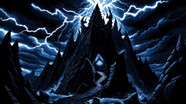 Pixel art of an obsidian monolith, a gothic sentinel, rising fiercely against a tumultuous sky. Each stroke captures its unyielding ascent, a spire wrapped in the dark embrace of storm clouds. Lightning, like a diadem of pure energy, anoints the peak with a coronet of brilliance, illuminating the canvas with flashes of silver and white.  Around this darkened citadel, spirits of the tempest - ethereal and wild - swirl with the abandon of nature's untamed dance. The perspective bends and twists, reality distorted, as if seen through a rain-smeared lens. The summit itself, a beacon in the maelstrom, stands unmatched in its grandeur, the elements themselves are alive and imbued with an expressive, almost sentient force.  