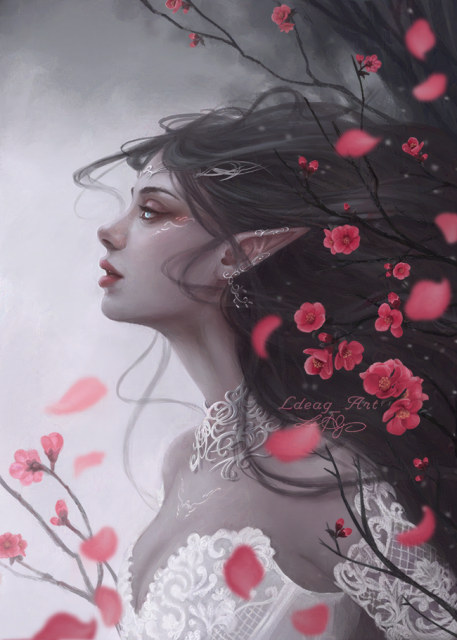Fantasy bride of the spirit of winter. She has beautiful long dark hair, icy eyes, silver jewelry surrounded by pink winter flowers