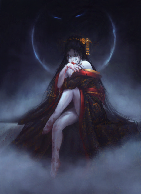 Japanese demon called Rasetsu that is shape-shifted into a beautiful, seductive japanese woman. She is looking at the camera with blue almost white piercing eyes. Her pale skin contrasts with her black kimono, red borders and golden decorations. Her hands and feet have blood on them from her latest victim. Everything around her is foggy and mysterious.