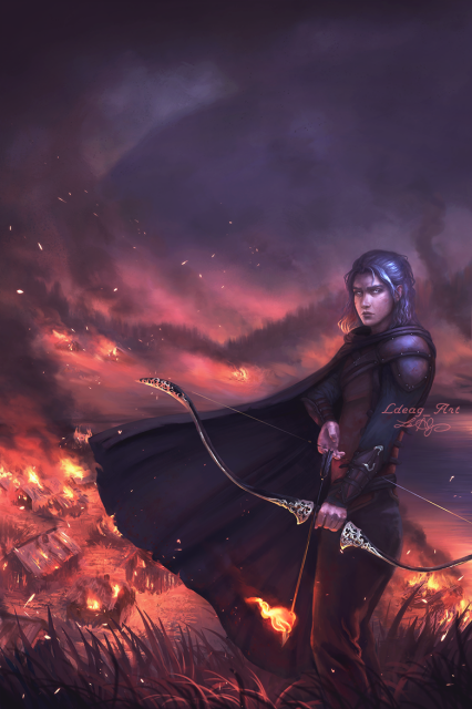 It is night, the air is full of smoke and ashes flying on the wind. An archer with short white hair is holding a bow with a fire arrow looking at us while in the back a village is burning.