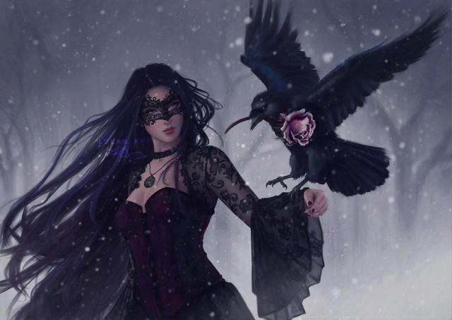 Gothic witch in the middle of the snow storm, she has long dark hair and a black mask. She is holding her hand where a raven is landing with a frozen rose in his beak.