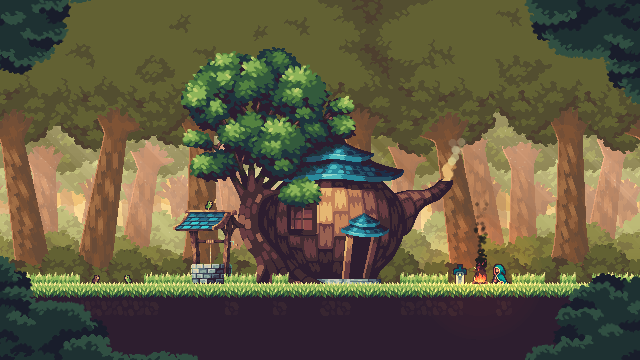 PixelArt forest: At the center, a small cabin shaped like a teapot.To it's left a large tree and a well. On it's right, a character in a blue hood sits at a campfire. The background is many layers of trees, lit by an orange sky and sunrays