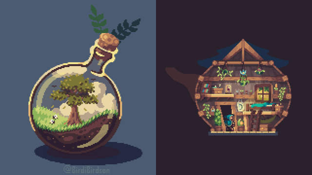 Two pictures: Left: Sheeps are running through the grass around a miniature inside of a round glass flask.

Right: Pixel art of the interior of a teapot-shaped wooden house. Inside are a bed, many flowers and books crammed into a cozy space