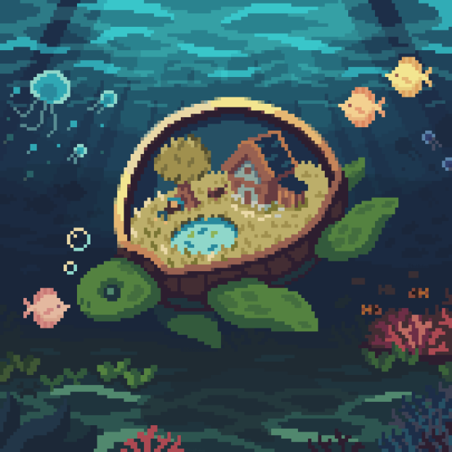 Pixel Art of a turtle with a glass dome as a shell. Inside the dome, a tiny human has his house with a pond, a tree and a dog. The turtle is underwater and surrounded by fish, jellyfish and corals. The sun shines through the water surface and the waves reflect on the seabed