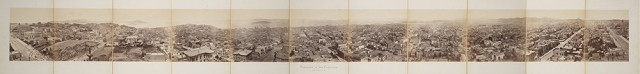 Panorama of San Francisco from California St. Hill. Creator: Muybridge, Eadweard, 1830-1904 Date: 1877 Part of: Panorama of San Francisco from California St. Hill. Place: San Francisco, California Description: This panorama of San Francisco comprises 11 photographs, taken over a period of several hours from the central tower of Central Pacific Railroad magnate Mark Hopkins' then unfinished Nob Hill home, located at the corner of California and Mason Streets. The mansion burned to the ground in the 1906 San Francisco Earthquake. Physical Description: 1 photographic print: albumen; unfolds to 19 x 221 cm on 31 x 228 cm linen mount File: vault_folio_f869_s3m9_01_11_opt.jpg Rights: Please cite DeGolyer Library, Southern Methodist University when using this file. A high-resolution version of this file may be obtained for a fee. For details see the https://sites.smu.edu/cul/degolyer/research/permissions/ web page. For other information, contact degolyer@smu.edu. For more information and to view full panorama in High Resolution, click here: http://digitalcollections.smu.edu/cdm/ref/collection/wes/id/2162 View U.S. West: Photographs, Manuscripts, and Imprints http://digitalcollections.smu.edu/all/cul/wes/