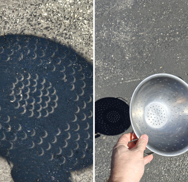 A two-picture collage - one showing a metal colander being held in the sunlight over a driveway, the other a close-up of the shadow cast by that colander. Each "bright spot" caused by sunlight passing through the colanders holes shows instead a crescent image caused by the partial occlusion of the sun's disk by our moon! 
