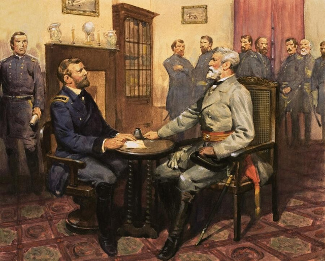 Painting depicting General Ulysses S. Grant (left) accepting the surrender of General Robert E. Lee (right) surrounded by officers and staff looking on. The two generals are sitting at a table with papers between them.