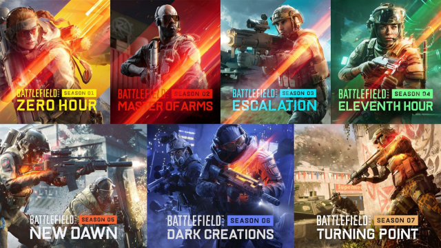 Screenshot showing the posters for each of the seven seasons of Battlefield 2042.