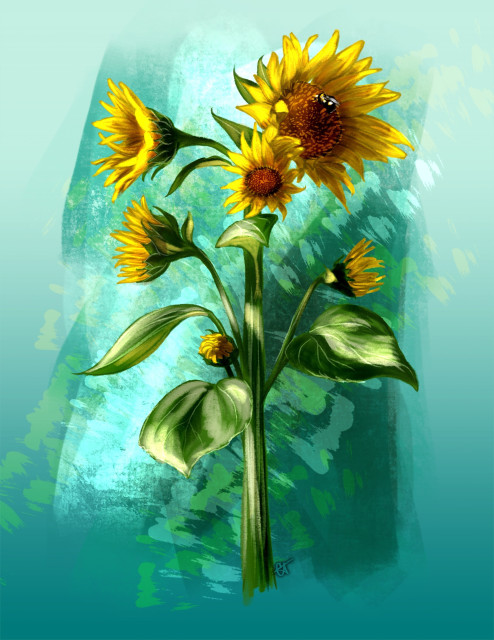 Digital painting of vibrant sunflowers with a bee on one of the blooms, set against a textured turquoise background.