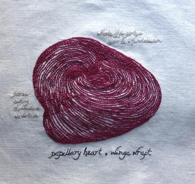 heart vortices (2016)

An embroidery on bone coloured linen. There is a swirling pattern in a vague heart shape stitched in burgundy back stitch. Poetry around the heart is stitched in tan and reads: whorl of fingertips. Apex and infundibulum. Fibres sway downwards in vortices. Papillary heart. Wings wrapt. 