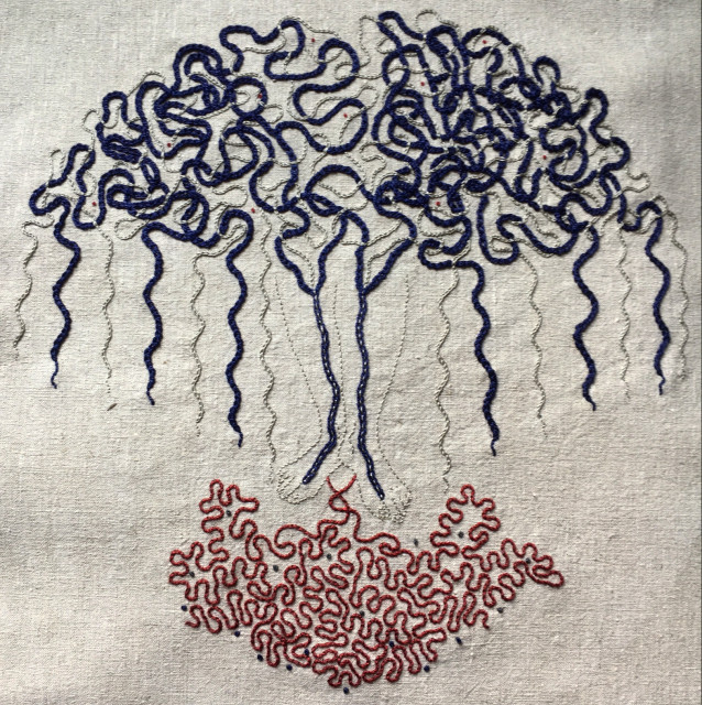 neuraesthenia (2017)

An embroidery on a pale natural linen, there is the pale outline of a woman’s lower legs and feet, heels together, toes apart. From the soles of the feet, thick red/orange lines coil beneath. From the big toes moving upwards, thick blue and off-white lines rise up through the inner calves and branch off at the knees. These lines coil and intertwine in a brain-like shape, and then move back down in wavy lines like a wide skirt around the ankles.