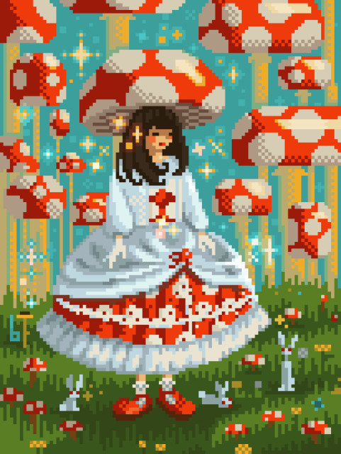pixel art of a girl in a mushroom hat surrounded by similar mushrooms, little bunnies play at her feet, colors are vibrant, red, blue, yellow and green
