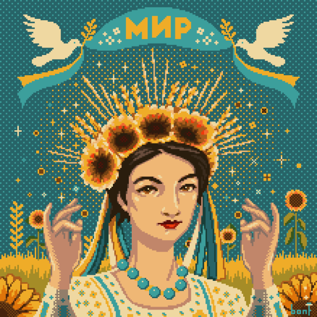 pixel art of a woman with a sunflower  crown, two doves hold a ribbon that read MNP (peace), her hands are raised, third fingers touching thumbs. the colors are cyan/blue and yellow (ukranian colors)