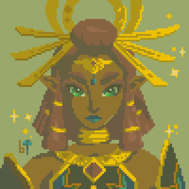 pixel art of riju from zelda tears of the kingdom, the colors are muted as if in a sandstorm