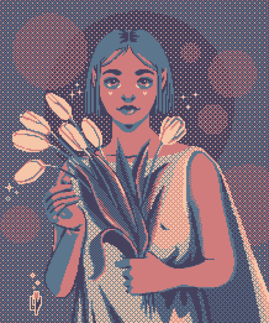 pixel art of a women holding tulips, 4 colors, blue, purple pink and cream. she is looking directly at the viewer and dithered dots surround her