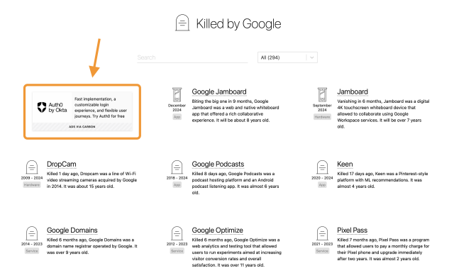 Screenshot of Killed by Google site. Orange box around top left corner were there is an ad.