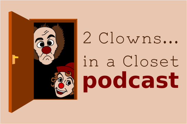 The 2 Clowns in a Closet podcast logo, featuring two adorable cartoon clown heads peering out of a door.