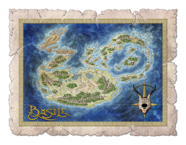 A map made from the ultrasound of my son, Basile. His middle name is Orpheus so, I used a luthe made of a turtle shell and auroch's horns as a compass.