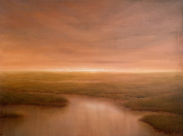 Original oil painting by Tisha Mark, "The Light That Will Be", 30"x40" oil on canvas (2024). Landscape painting featuring an orange-toned sunrise sky over a coastal marsh.