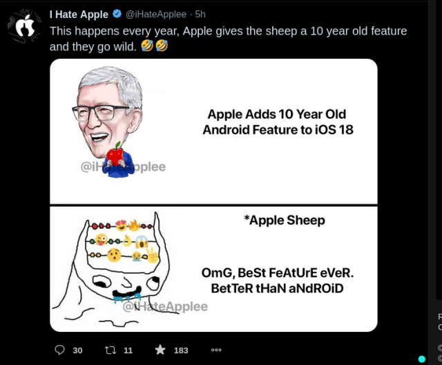 The image contains two panels. The top panel shows a tweet mocking Apple for implementing an old Android feature into iOS with a cutout photo of Tim Cook smiling. The bottom panel has a hand-drawn sheep with Apple logos, labeled "Apple Sheeple", celebrating with a cake that says "OmG BeSt FeAtUrE eVeR." Icons indicating laughter and a blue bird, suggestive of Twitter, are present