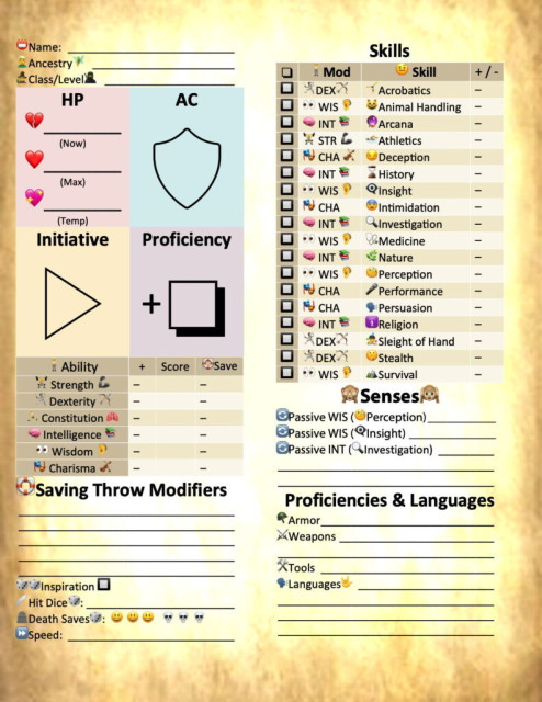 emoji-laden 5e character sheet with aged parchment background