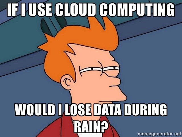 Dude squinting. Words read “if I use cloud computing would I lose data during rain?”