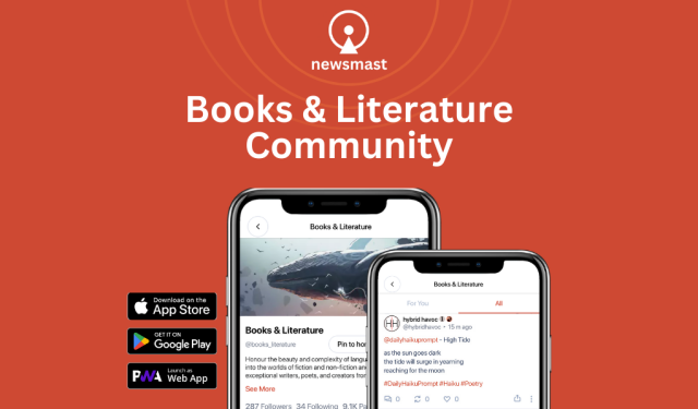 Visual for the "Books & Literature Community". Two phones depicting news and discussions within said community.  