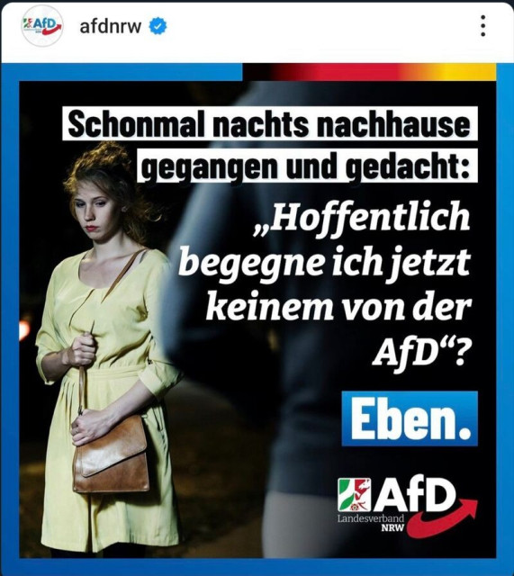 Sharepic der AfD NRW mit dem Text:

    "Hoffentlich begegne ich jetzt keinem von der AfD?"
    "Eben."
    "Landesverband NRW"