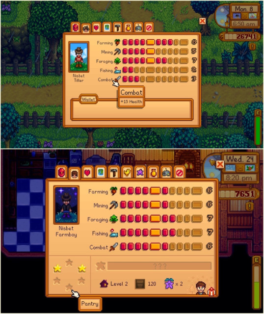 Screenshot collage of in-game stats from Stardew Valley showing player statistics, skills, and inventory with a daytime farm scene on top and a night scene with a character portrait at the bottom.