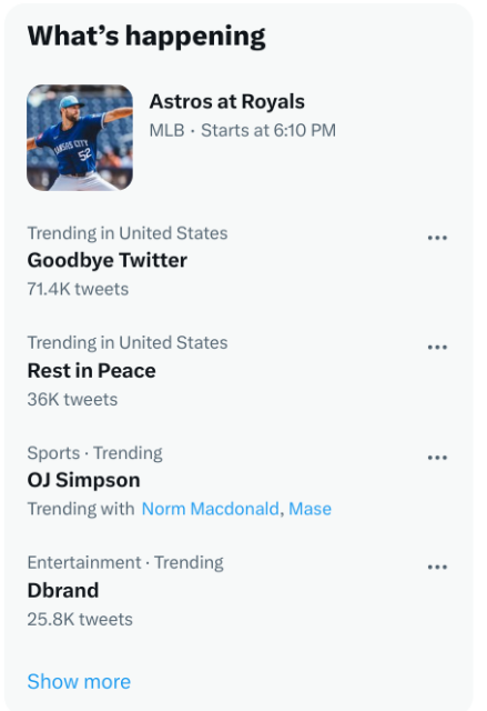 The image shows a social network interface with a section titled "What’s happening" featuring trending topics, including a sports game starting soon, trending locations, and topics or personalities trending in the United States.