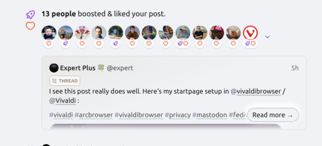 Social media notification showing that 13 people boosted and liked a post, with profile icons displayed. Below is a post with text about Exert Plus's start page setup, mentioning various hashtags and usernames, and a prompt to read more.