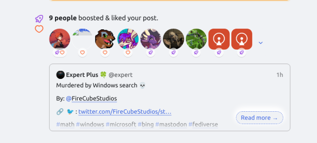 The image displays a social media post with 9 profile icons of users who have boosted and liked the post. The post is by a user named "Expert Plus" and includes text related to Windows search. There are hashtags visible at the bottom of the post, and there is an option to 'Read more'.