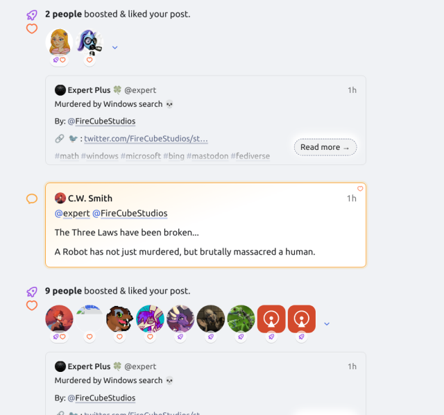 Image of a social media interface showing two posts with text, user interactions, and emojis. The top post includes a username, a timestamp, hashtags, and a 'Read more' option. The bottom post includes a username, a timestamp, a comment about a robot, and a 'Read more' option. Below are reaction icons and profile pictures indicating likes and other reactions from users.