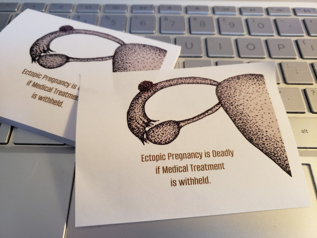 Sticky notes with a stylized drawing of an ectopic pregnancy and the text "Ectopic Pregnancy is deadly if medical treatment is withheld".