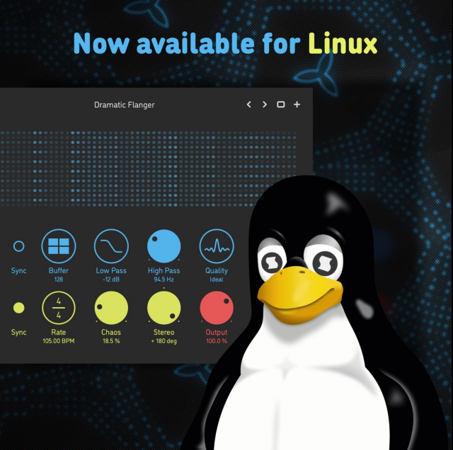 Campaign image for the Linux release of Integer by Sinevibes, with the plugin UI and a Tux with Sinevibes logos in its eyes.