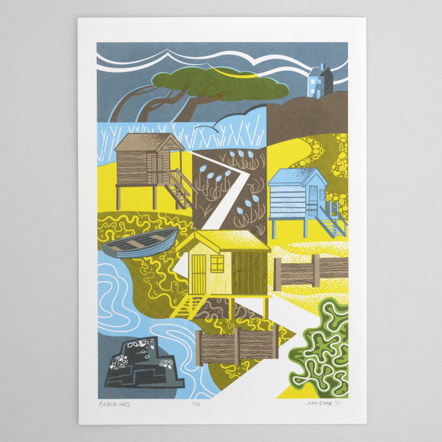 A screenprint of beach huts in a very abstract and stylised layout. There are three beach huts side on, a boat, rocks, trees and groynes. A house sits on top of a hill top right. The colours are brown, yellow, cyan and grey.