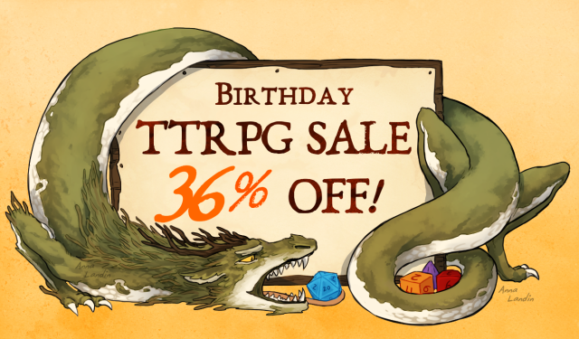 A promotional image for a sale, drawn to look like a piece of paper nailed on a wooden board. Wrapped around the board is a snake-like dragon with white scales covered in moss. It has a horn-like crown shaped like twigs and branches, and it is attempting to eat a 20-sided die.