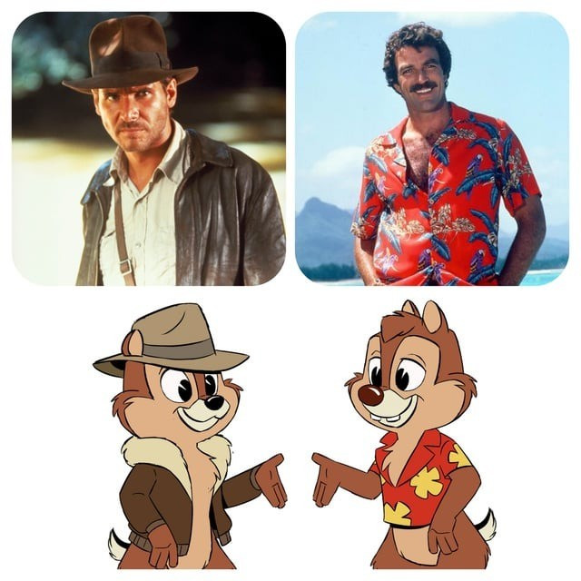 Top: photos of Harrison Ford as Indiana Jones and Tom Selleck as Magnum PI
Bottom: Chip and Dale look the same, respectively