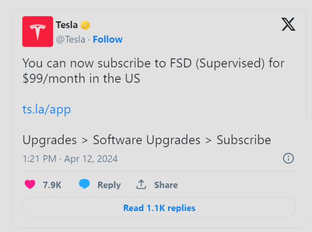Screenshot of a post from Tesla. It reads, "You can now subscribe to FSD (Supervised) for $99/month in the US"