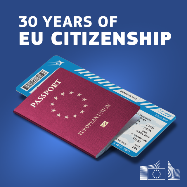A visual entitled ‘30 years of EU citizenship’ featuring a burgundy EU passport with a boarding pass inside